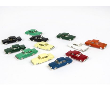 Tri-ang Minix 00 Gauge loose RC 6 Ford Corsair, 12 models seven with tow bars, including black (2, one without tow bar), yell