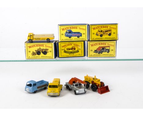 Matchbox Lesney 1-75 Series Construction Vehicles, 28b Ford Thames Compressor, BPW, 43b AB Tractor Shovel, red shovel, BPW, 6