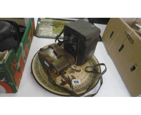 VINTAGE PAX CAMERA, YASHICA CAMERA AND A TERRACOTTA WALL PLAQUE A/F