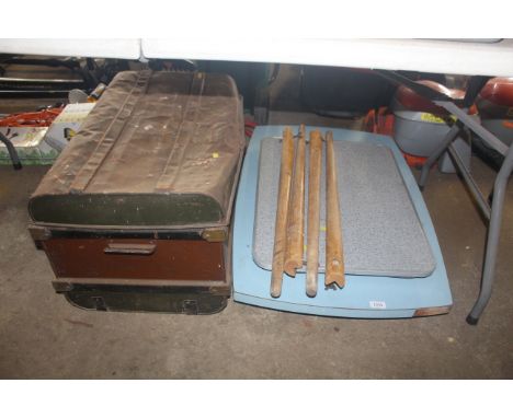 A Formica top kitchen table (dismantled) metal folding side table and a metal trunk AF