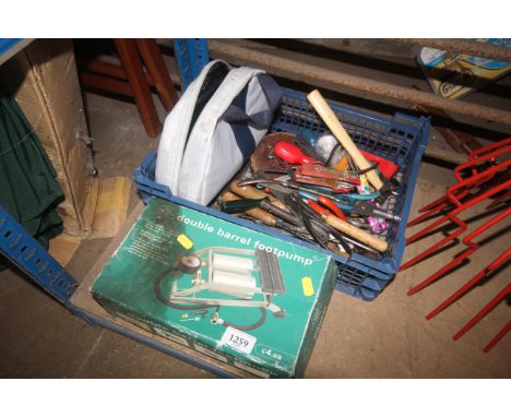 A double barrel foot pump in original box together with a quantity of various tools to include spanners, pliers, screwdrivers