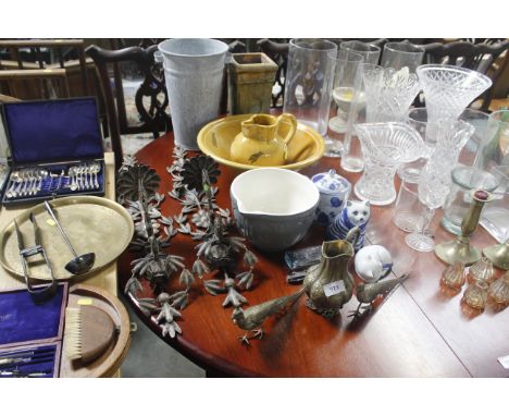 A pair of metal ware wall candle holders, pottery jug and basin and vases etc
