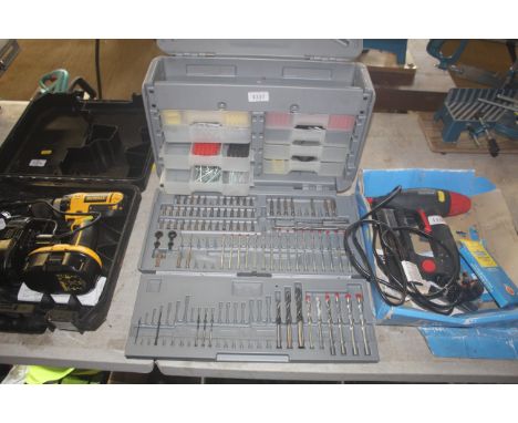 A quantity of various drill bits, screwdriver heads, wall plugs and various fixing etc in fitted plastic case (incomplete)
