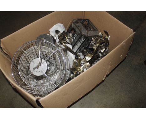 A metal and glass pendant celling light and various other light fittings etc