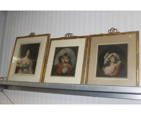 Three 19th Century pencil signed coloured prints of ladies in decorative gilt frames AF