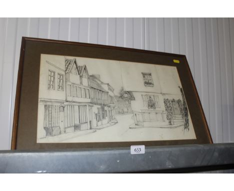 A pencil sketch of a village street scene 