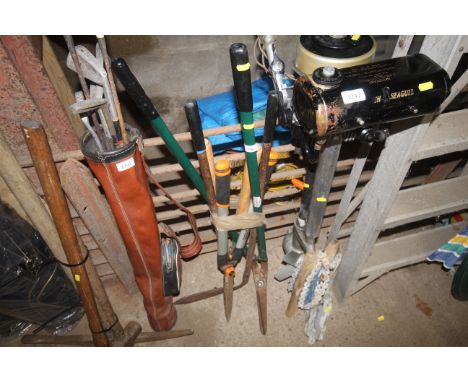 A quantity of gardening tools to include a pair of Wilkinson Sword shears