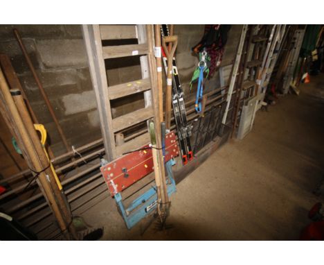 A quantity of long handled garden tools to include rake, digging fork, garden shears etc.