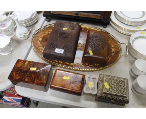 An oval galleried tray, a collection of various wooden trinket boxes etc.