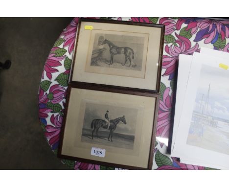 Two black and white prints depicting race horses
