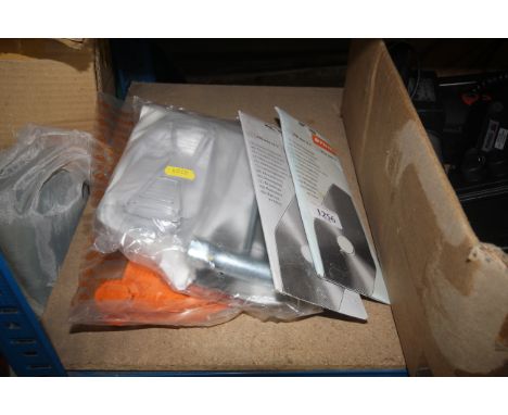 A quantity of Stihl grass cutting blades, safety goggles, utility tool etc.