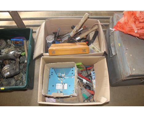 Two boxes containing various tools to include a Jointmaster jig, artists set in wooden box, garden shears etc.