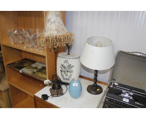 A pottery bowl, table lamp, an oak barley twist lamp and two others