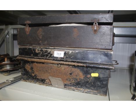 A metal strong box and a wooden box and contents of various tools etc.