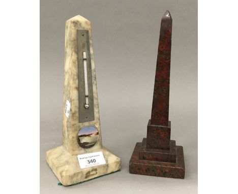 A variegated rouge marble obelisk, together with an obelisk set with a thermometer and a view of Niagara Falls