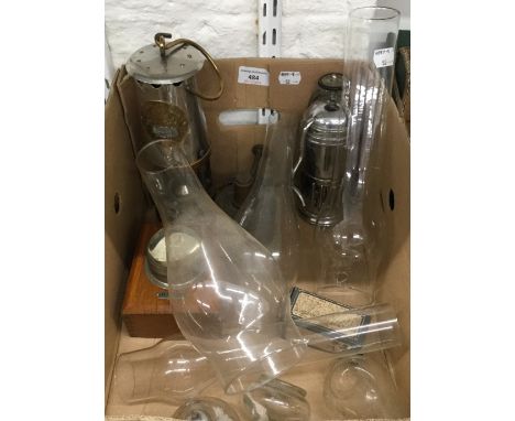A miners lamp, other various lamps and glass chimneys