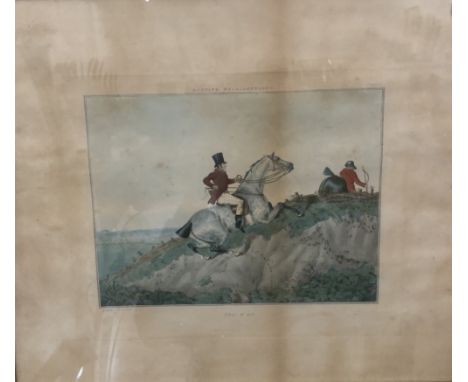 Two Alken hunting prints: Essex to Wit; and By the Lord Harry My Chesnut Horse can almost fly, framed and glazed.  Image 28 x