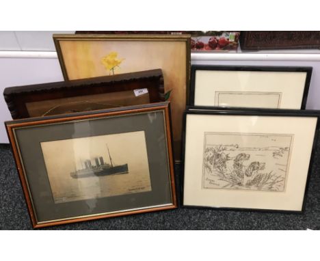 A 19th century mahogany framed tapestry picture, together with a set of three tapestries, a floral watercolour and a photogra