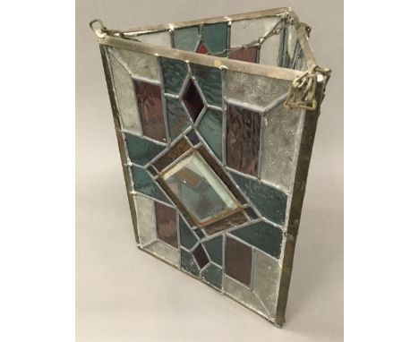 A Victorian leaded stained glass hanging lantern of triangular form
