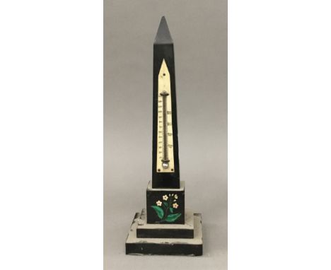 A 19th century specimen stone inset obelisk set with a thermometer