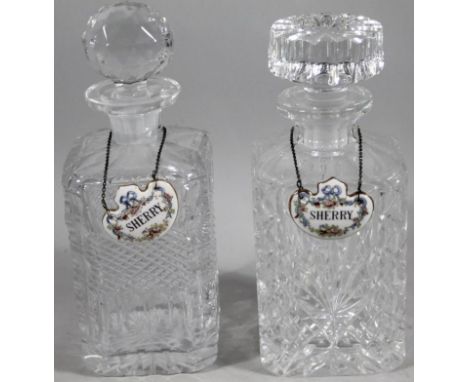A 20thC crystal glass decanter, of rectangular shouldered form with compressed circular stopper, 23cm high, and another simil