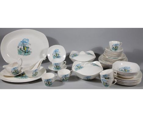 A mid-20thC Midwinter Stylecraft Fashion Shape part dinner service, decorated with boats, signed Colelle, in colours, to incl