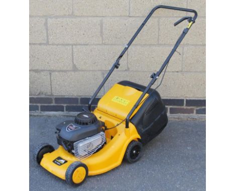 A Briggs & Stratton 450 148cc rotary mower, in yellow, with grass box, 99cm high.