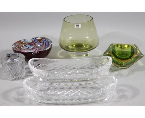 Various glassware, comprising a 1920's Murano glass bowl, in multi colours on a red ground, 14cm wide, two heavy glass dishes