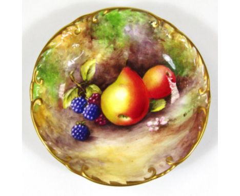 A 20thC Royal Worcester fruit patterned porcelain saucer, hand painted with pears and brambles, signed B Cox, printed marks b