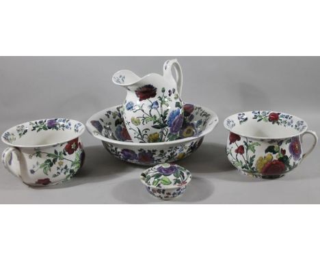 A Copeland Spode wash set, transfer printed and polychrome decorated in flowers, comprising wash bowl, 43cm dia. jug, two cha