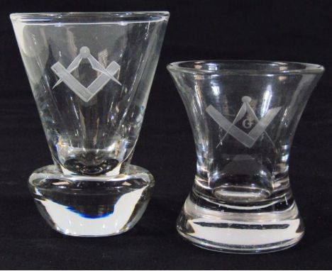 Two Masonic ceremonial firing glasses, each similarly etched with compass and set square, one initialled G, the other similar