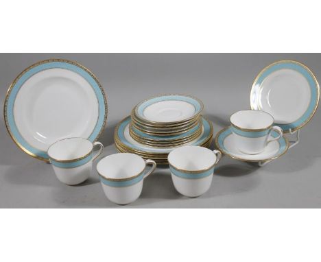 A Royal Crown Derby porcelain part tea service, with an upper turquoise and gilt triple banding, comprising side plates, 21cm