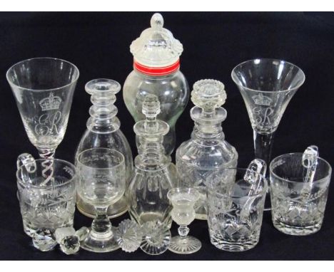 Various 19thC and other glassware, to include three unusual handled drinking glasses, partially etched R Lee, 9cm high, a lat