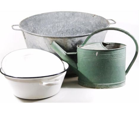 Various zinc, enamel and other wares, etc, to include a large tin bath, 33cm high, with side carrying handles, watering can, 