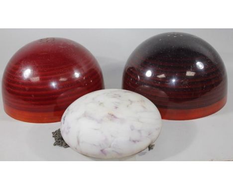 Two retro 1960's domed lamp shades, in plum moulded plastic, 31cm high, part fittings and a frosted glass shade, probably mid