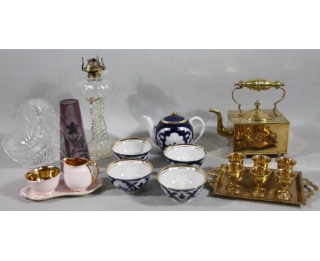 Various pottery, brassware, etc, an overlay glass vase with silvered floral decoration, in amethyst coloured glass, of taperi