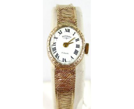 A ladies' 9ct gold Rotary cocktail watch, a 1cm wide oval face with Roman numeric dial and articulated strap, marked 9.375, i