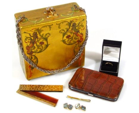 A French style rococo design lacquered wooden jewellery casket, with chain top, mirrored interior, folding comb, 11cm wide, d