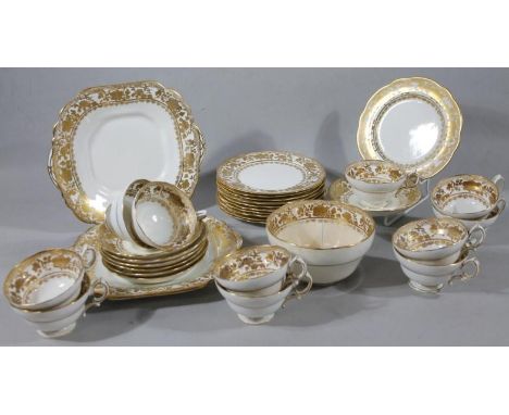 An early 20thC Hammersley & Co part service, in gilt lined floral pattern, to include sugar bowl, 16cm wide, serving plates, 