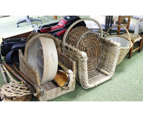 Various treen, effects, etc, walking stick, carpet beater, warming pan, various wicker to include basket with fixed handle, 4