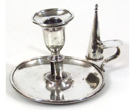 A George III silver taper stick, with snuffer, by Peter, Anne and William Bateman, the campana shaped dish holder on circular