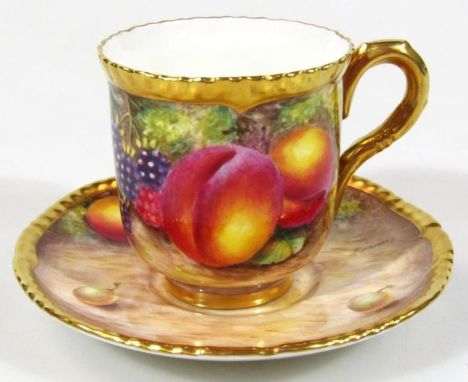 A 20thC Royal Worcester hand painted fruit pattern cabinet cup and saucer, 11cm wide, each piece hand painted with summer fru