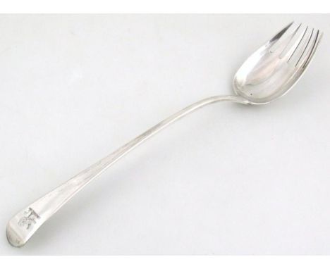 A George III silver serving fork, Old English pattern with etched lion crest, London 1798, 31cm wide, 4oz.