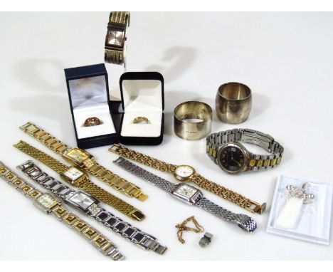 Various fashion watches, silver napkin ring, 3cm high, another marked silver, Quartz bangle watch, mother of pearl finish chi