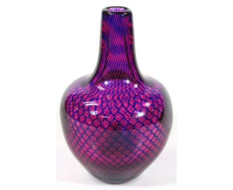 A modern Studio glass vase, by Orrefors Sven Palamqvist Kraka Glass Works, in purple and blue latticework, with a bulbous sho