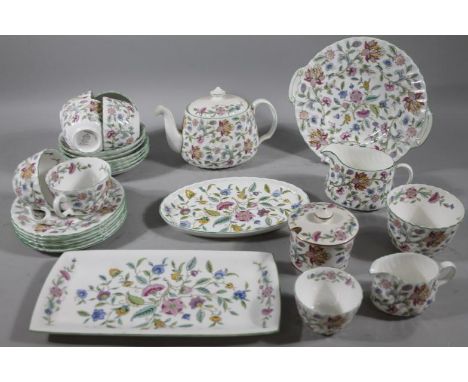 A Minton Haddon Hall part service, to include teapot, 15cm high, stand, sandwich plate, serving plate, lidded sugar bowl, cup