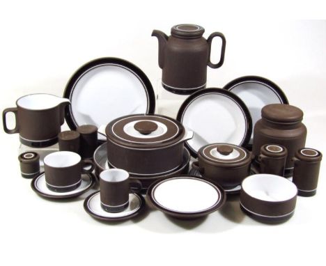 A comprehensive Hornsea Lancaster Vitramic Contrast pattern part service, to include various plates, serving pieces, side pla