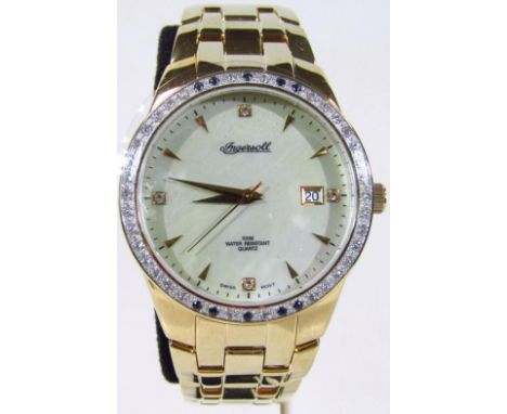 An as new gentleman's Ingersoll Gems wristwatch, with 3.5cm dia. mother of pearl back dial with baton and dot numerals, arrow
