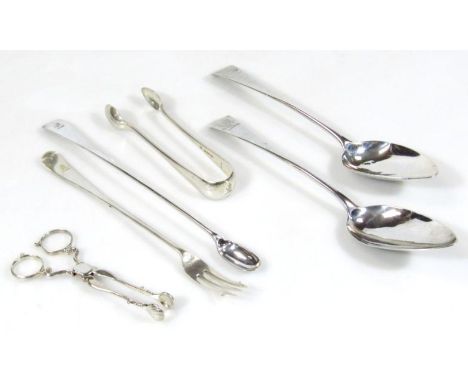 Various George III and later silver flatware, to include tablespoon, 22cm wide, another similar, shell capped sugar bows, sil