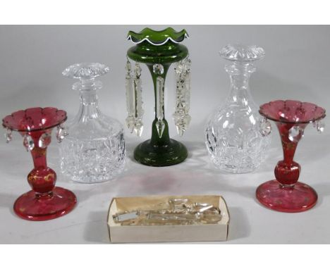 Various glassware, comprising an Edwardian green glass table lustre with plain glass droppers, 25cm high, a mallet shaped dec